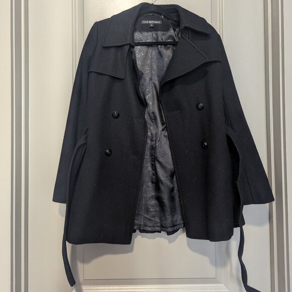 Via Spiga Women's Black Wool Blend Double Breasted Pea Coat Size 6 - Picture 1 of 5